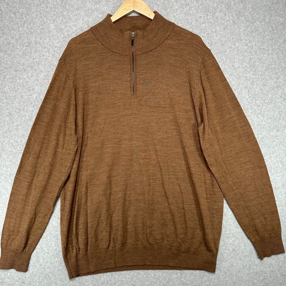 Thomas Dean Mens Brown 1/4 Zip Sweater ExtraFine Merino Wool Blend XXL
